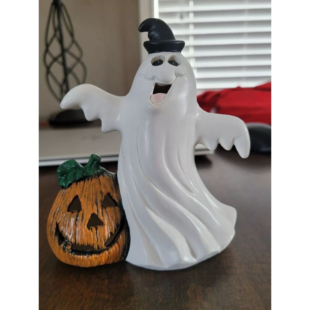 Ghost/Pumpkin Vintage Ceramic Halloween Figure w/Tophat Candle Holder Light